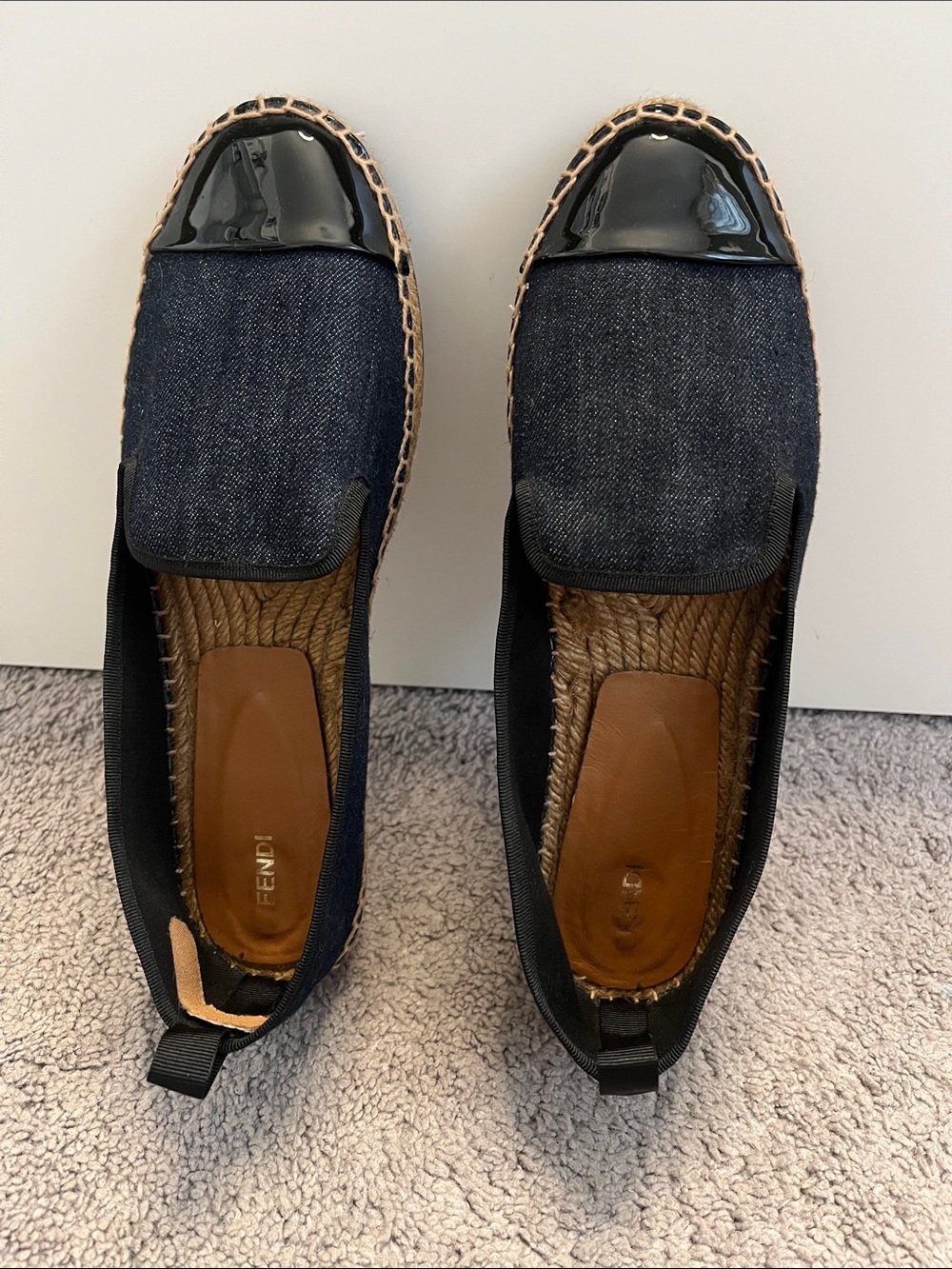 Fendi Navy Denim Slip-On Espadrille Loafers with Black Patent Cap